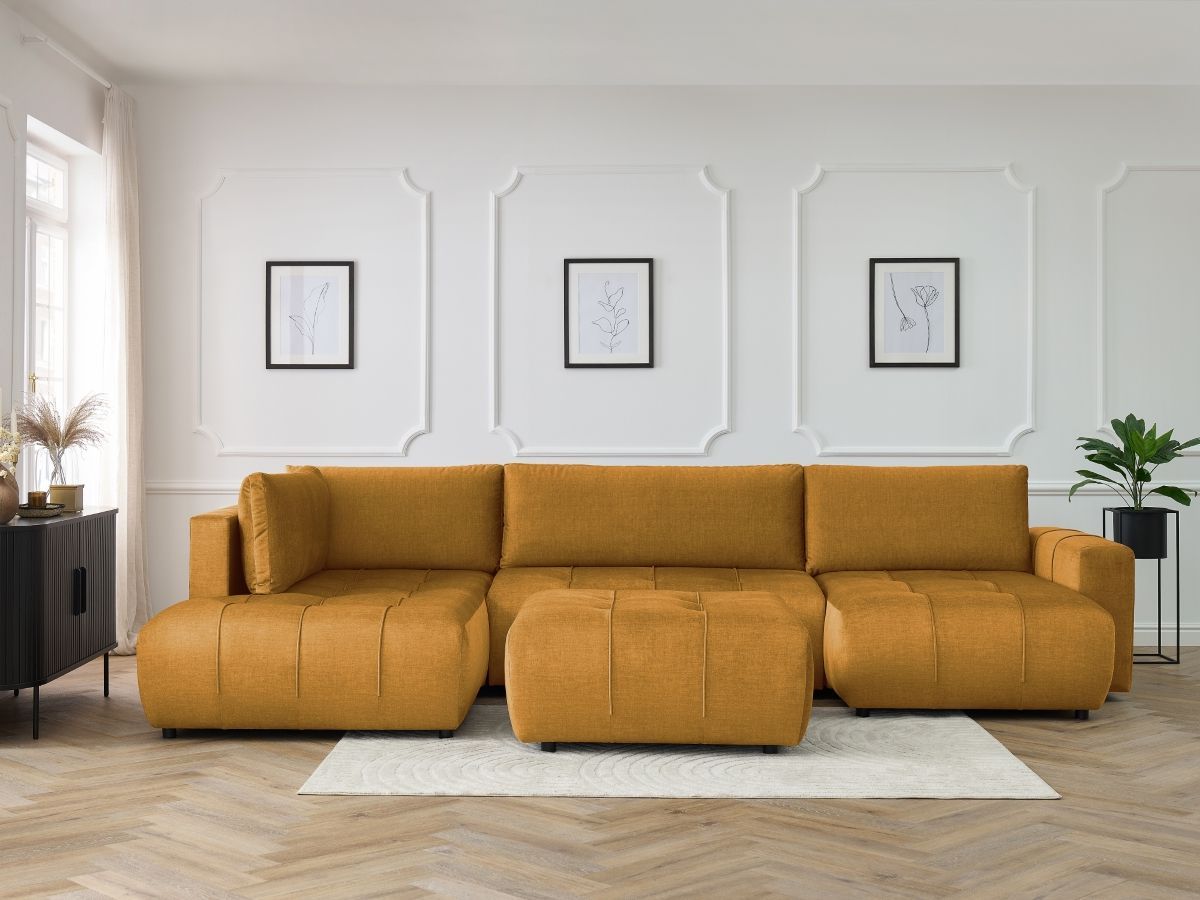 Canapé panoramique convertible coffre ARSENE tissu velours avec pouf