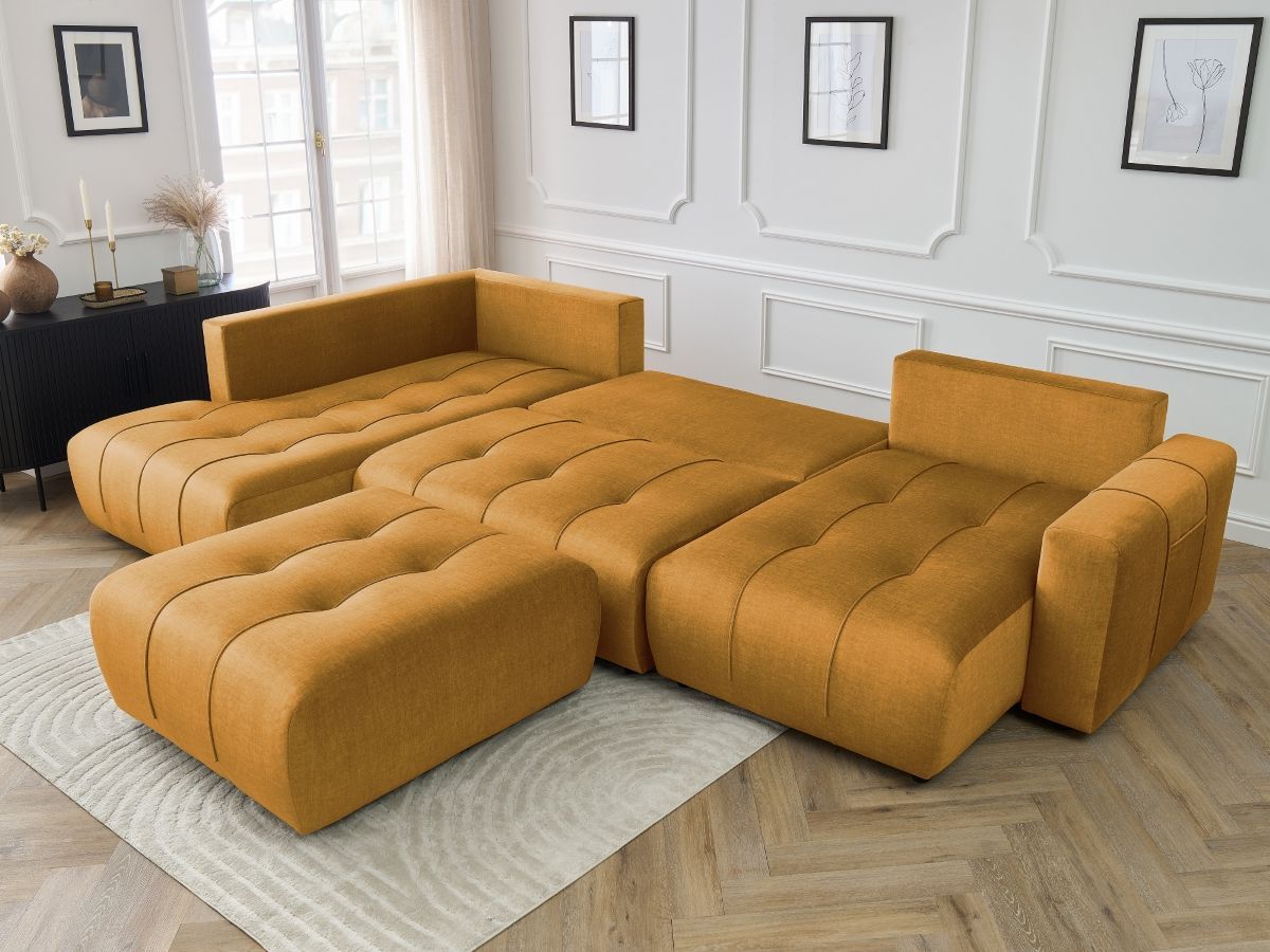 Canapé panoramique convertible coffre ARSENE tissu velours avec pouf