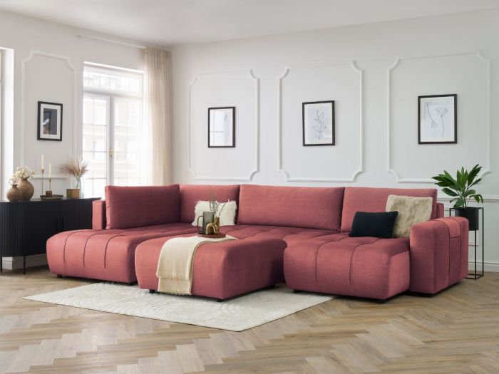 Canapé panoramique convertible coffre ARSENE tissu velours avec pouf