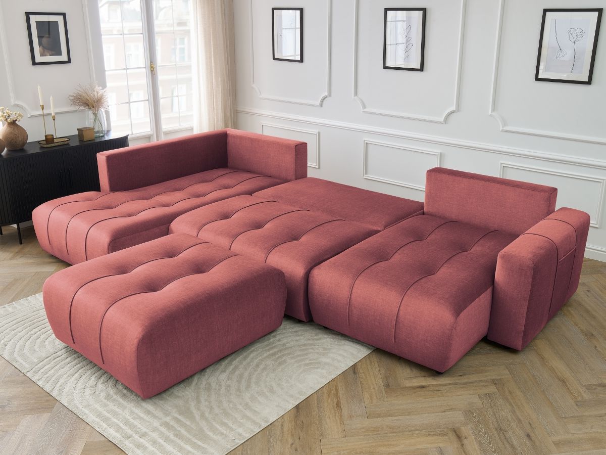 Canapé panoramique convertible coffre ARSENE tissu velours avec pouf