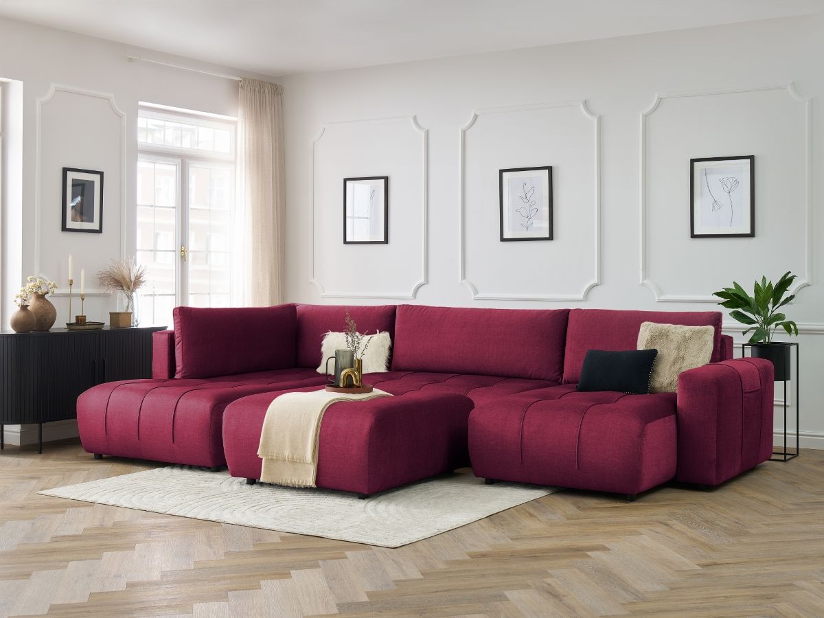 Canapé panoramique convertible coffre ARSENE tissu velours avec pouf rouge  angle droit BOBOCHIC 6 places