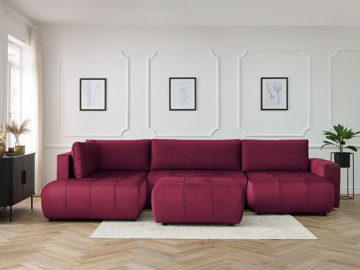 Canapé panoramique convertible coffre ARSENE tissu velours avec pouf