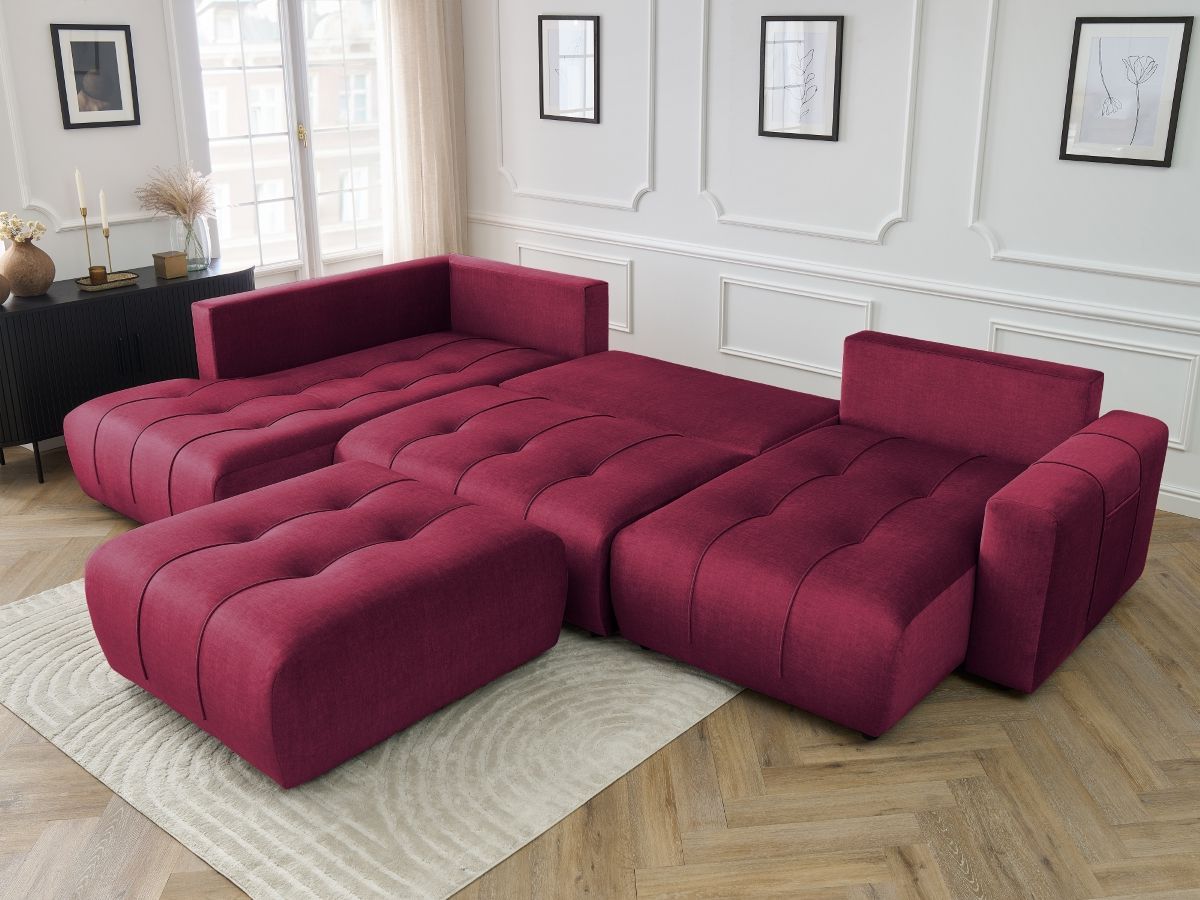 Canapé panoramique convertible coffre ARSENE tissu velours avec pouf