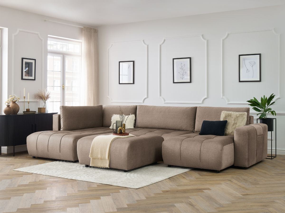 Canapé panoramique convertible coffre ARSENE tissu velours avec pouf