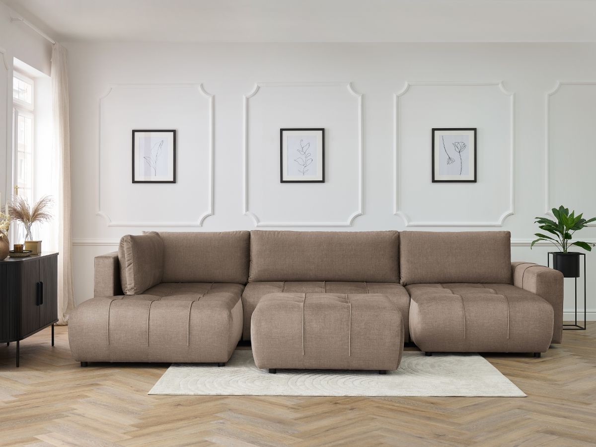 Canapé panoramique convertible coffre ARSENE tissu velours avec pouf