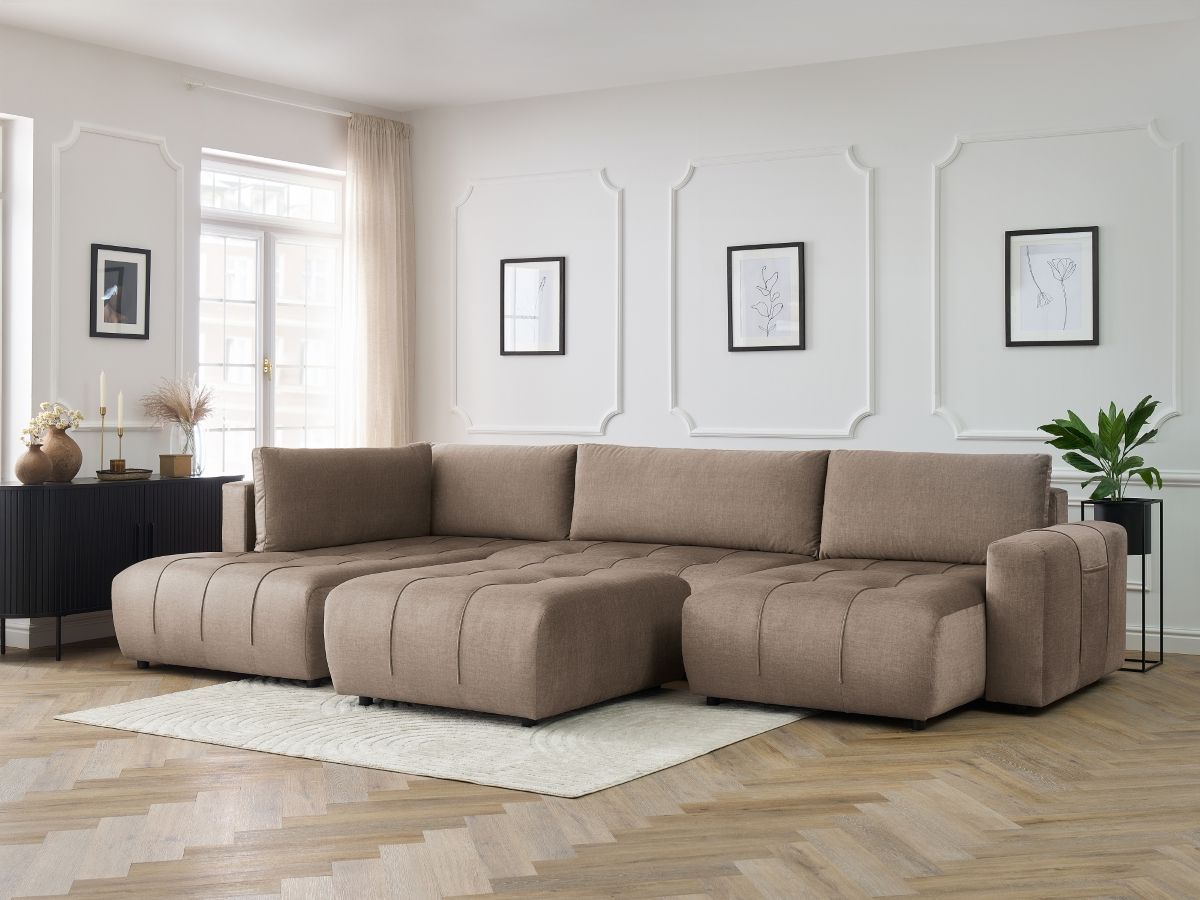 Canapé panoramique convertible coffre ARSENE velours avec pouf taupe — vue 5