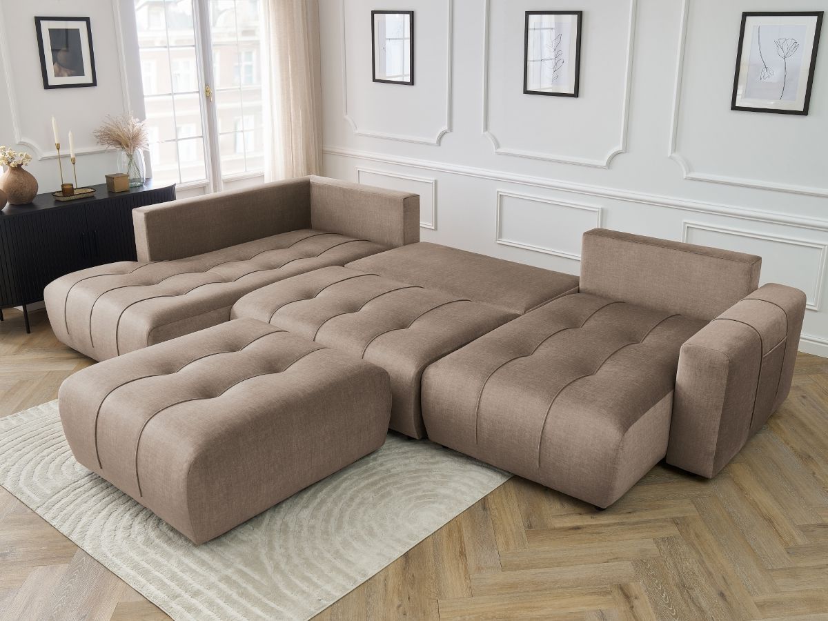 Canapé panoramique convertible coffre ARSENE tissu velours avec pouf