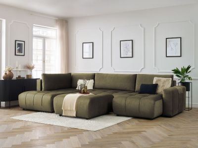 Canapé panoramique convertible coffre ARSENE tissu velours avec pouf