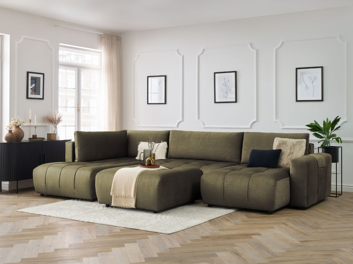 Canapé panoramique convertible coffre ARSENE tissu velours avec pouf
