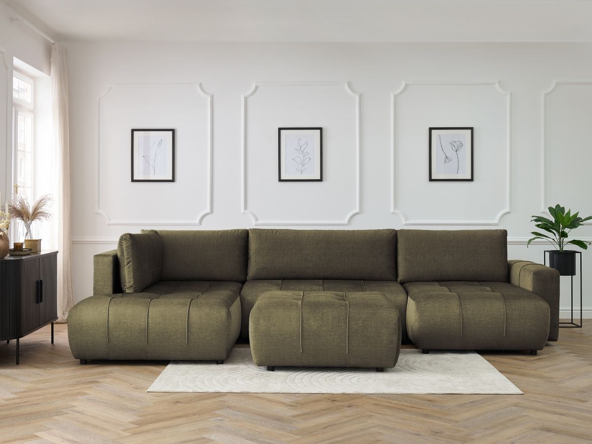 Canapé panoramique convertible coffre ARSENE tissu velours avec pouf