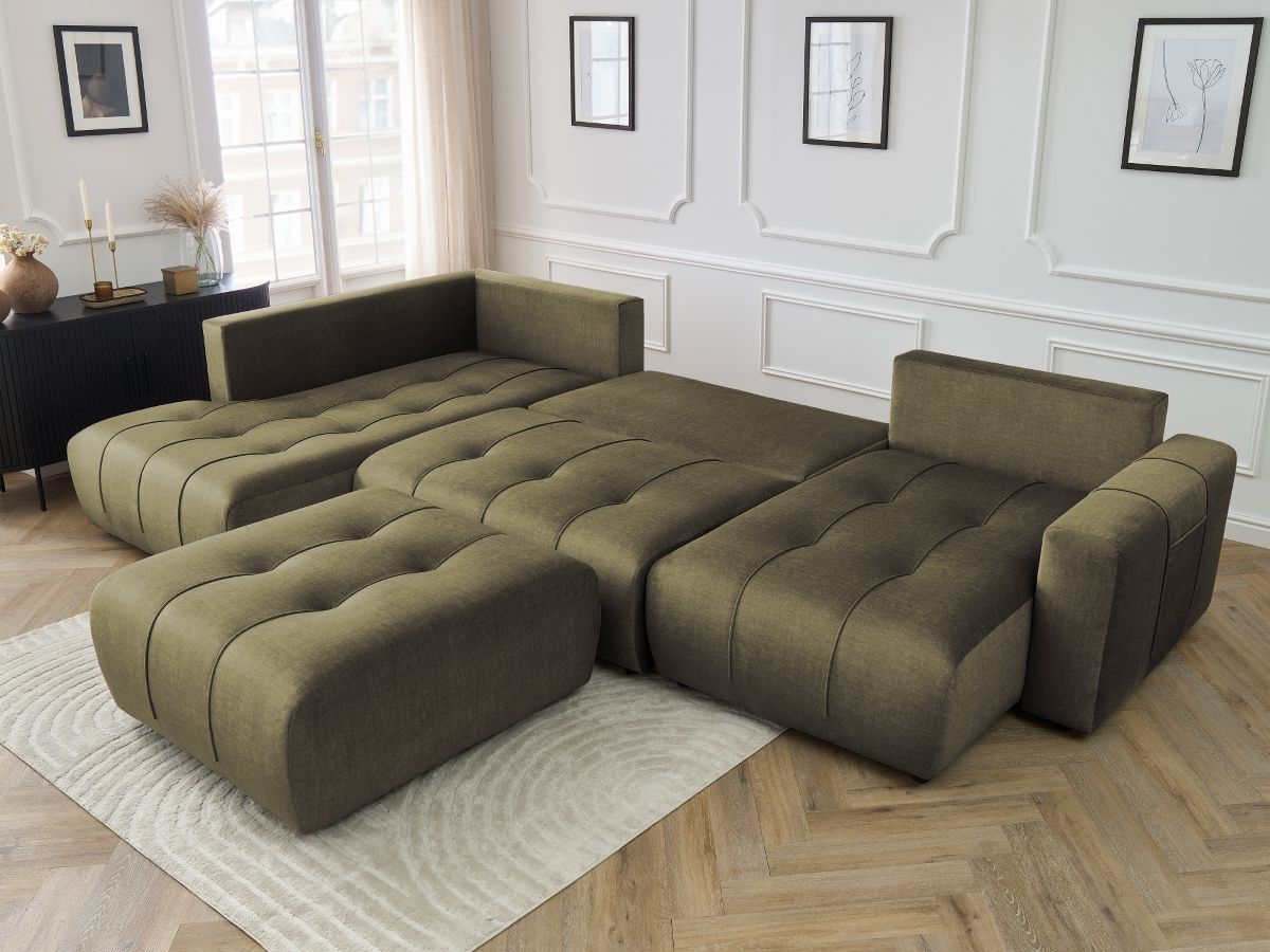 Canapé panoramique convertible coffre ARSENE tissu velours avec pouf