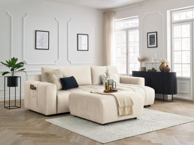 Canapé d'angle réversible convertible coffre ARSENE tissu velours avec pouf