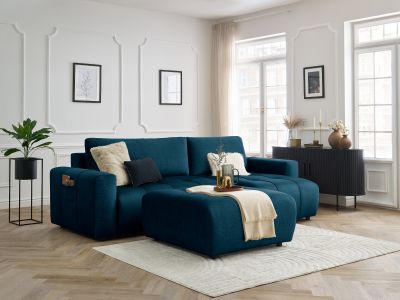 Canapé d'angle réversible convertible coffre ARSENE tissu velours avec pouf