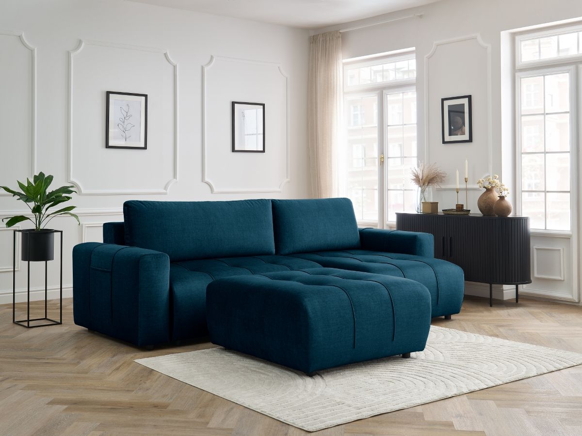 Canapé d'angle réversible convertible coffre ARSENE velours avec pouf bleu — vue 5
