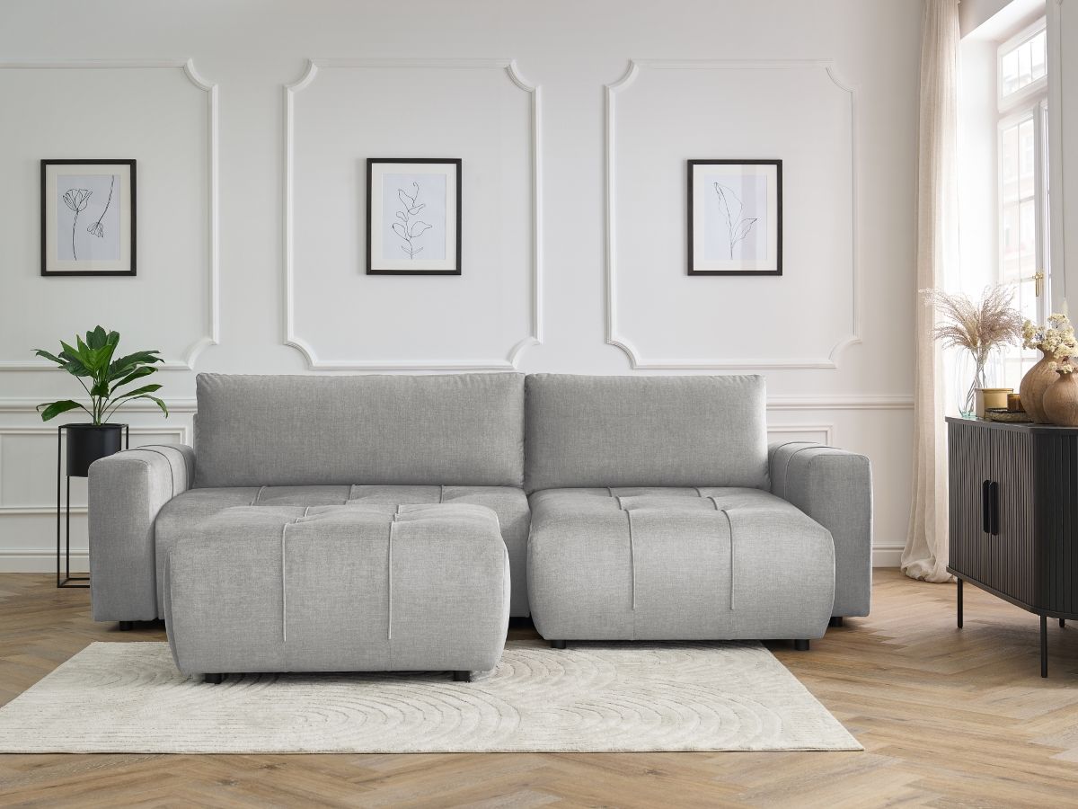 Canapé d'angle réversible convertible coffre ARSENE tissu velours avec pouf