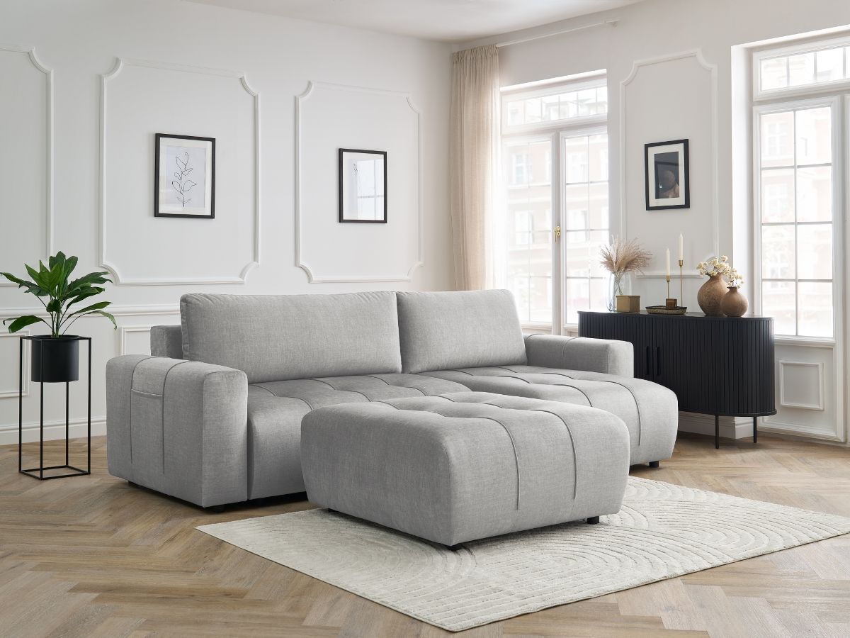 Canapé d'angle réversible convertible coffre ARSENE velours avec pouf gris clair — vue 5