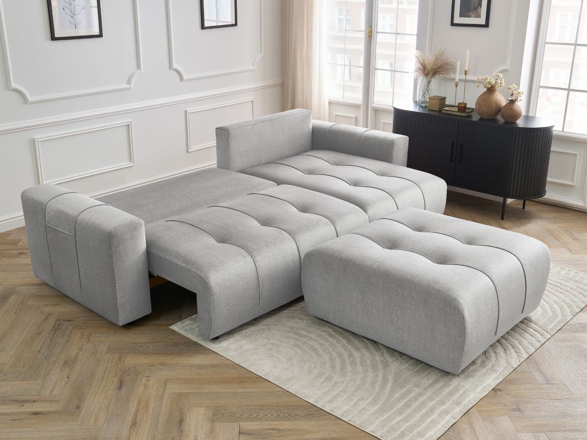 Canapé d'angle réversible convertible coffre ARSENE tissu velours avec pouf