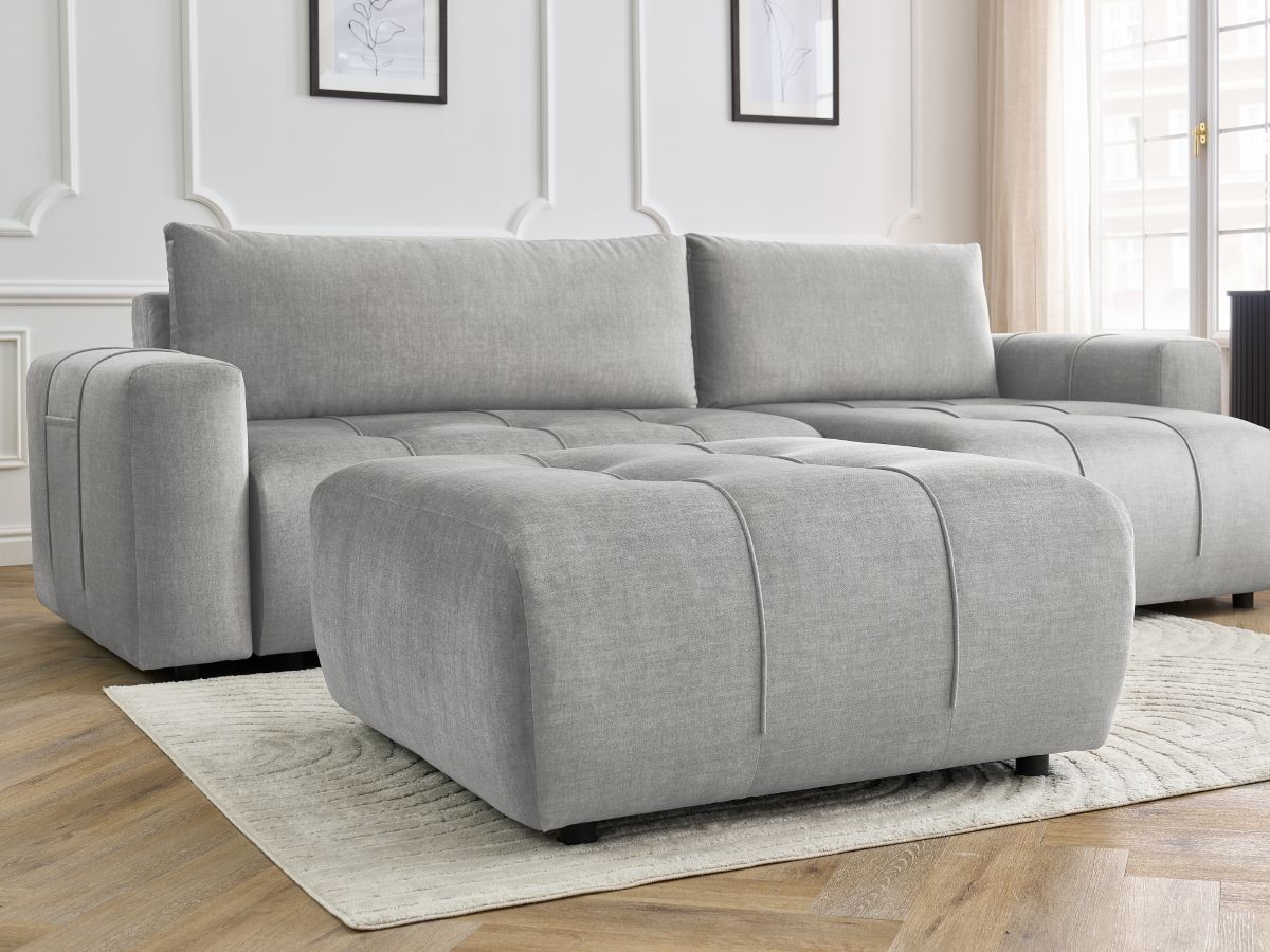 Canapé d'angle réversible convertible coffre ARSENE tissu velours avec pouf