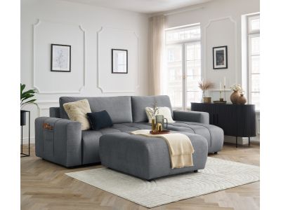 Canapé d'angle réversible convertible coffre ARSENE tissu velours avec pouf