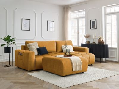 Canapé d'angle réversible convertible coffre ARSENE tissu velours avec pouf