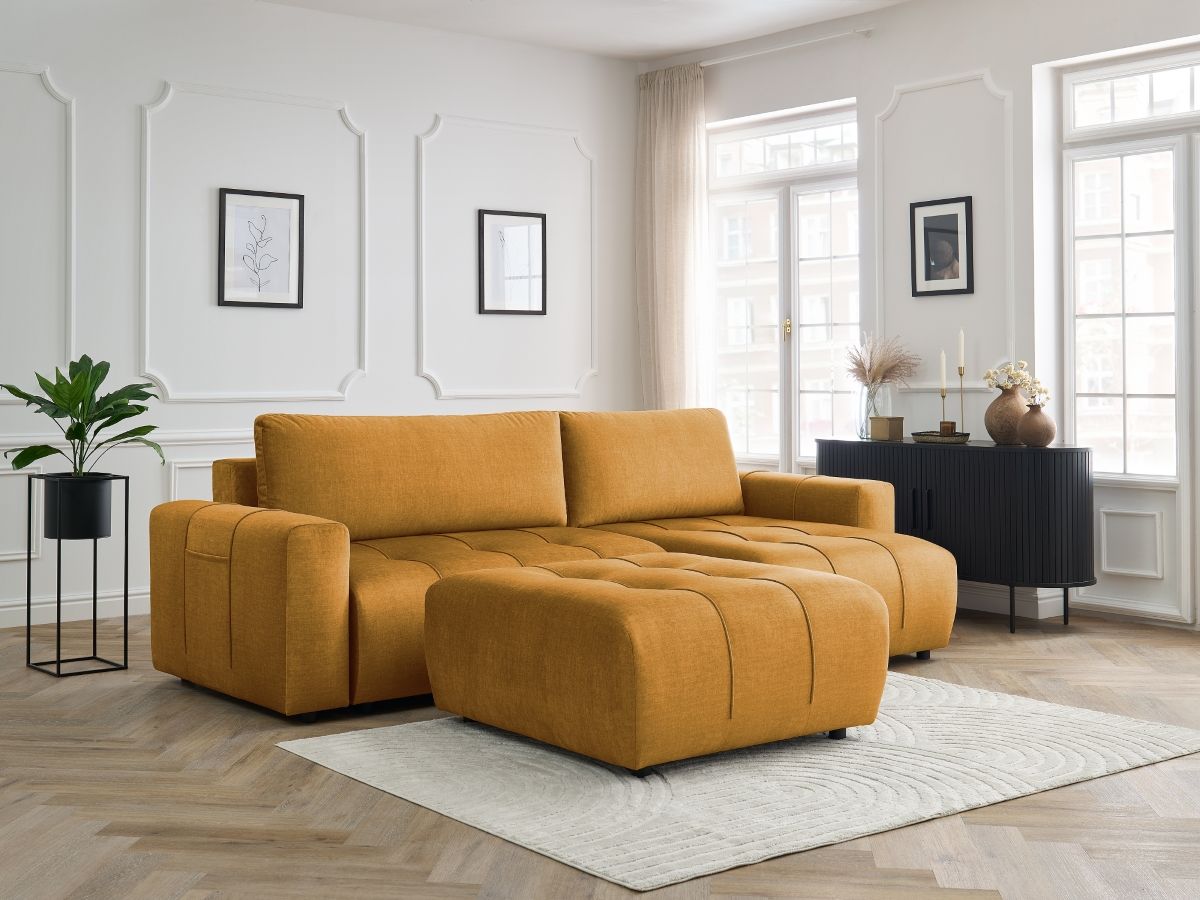 Canapé d'angle réversible convertible coffre ARSENE velours avec pouf jaune — vue 5