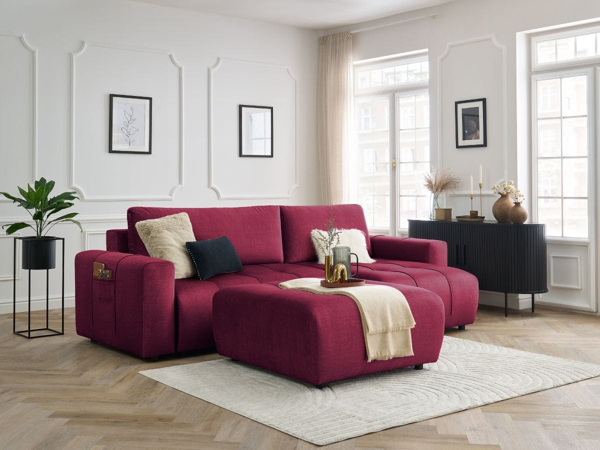 Canapé d'angle réversible convertible coffre ARSENE tissu velours avec pouf rouge   BOBOCHIC 4 places