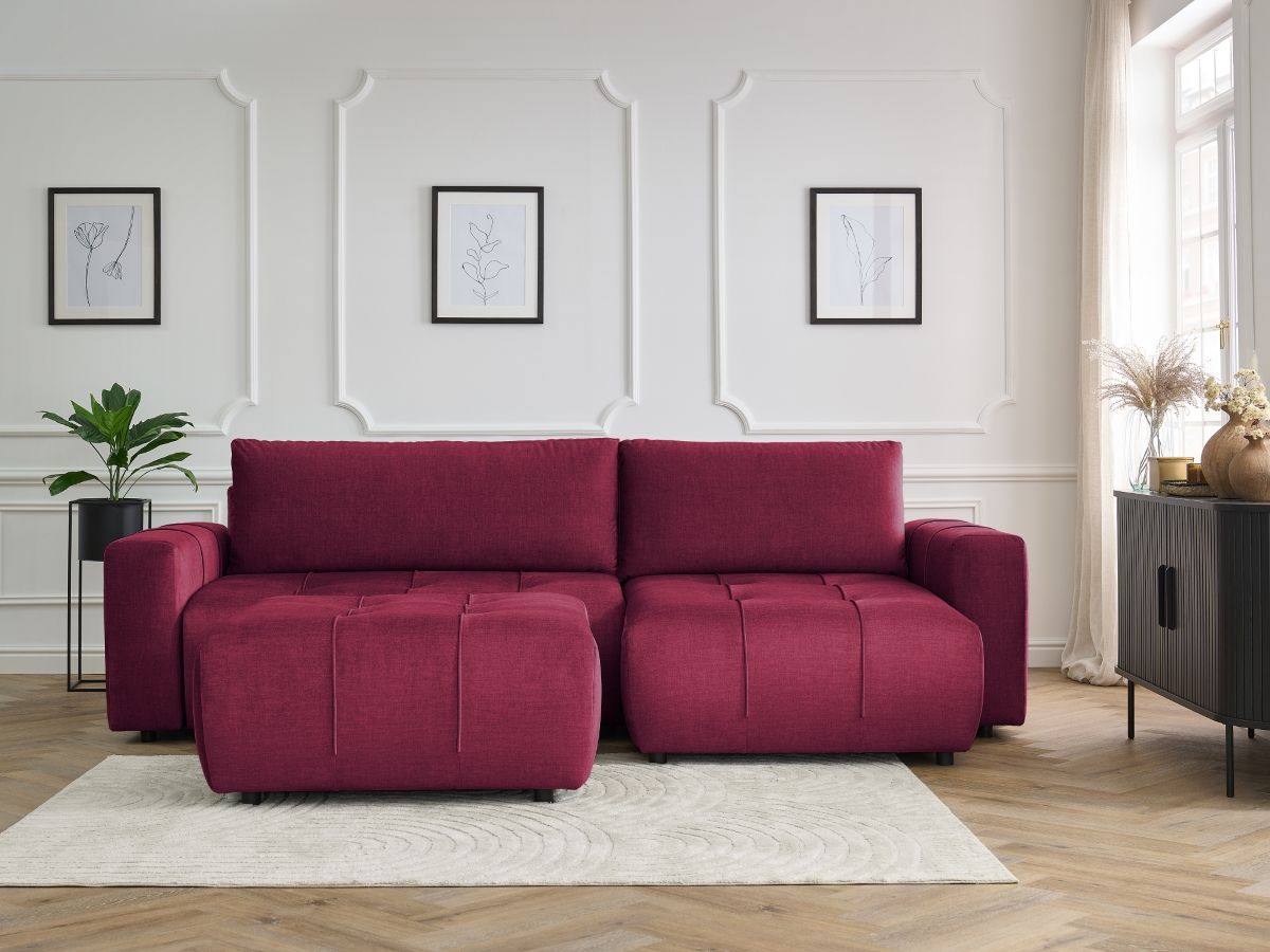 Canapé d'angle réversible convertible coffre ARSENE tissu velours avec pouf