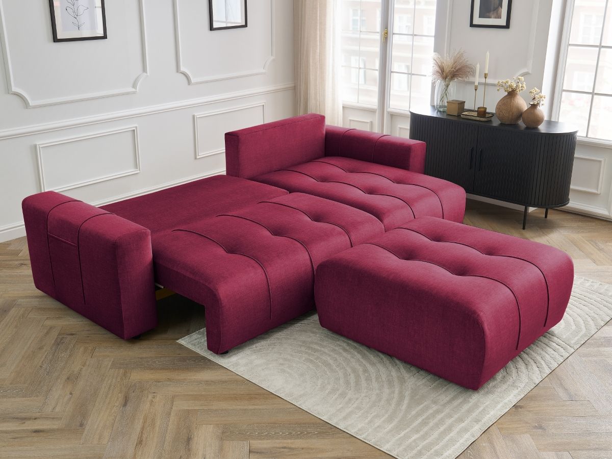 Canapé d'angle réversible convertible coffre ARSENE tissu velours avec pouf