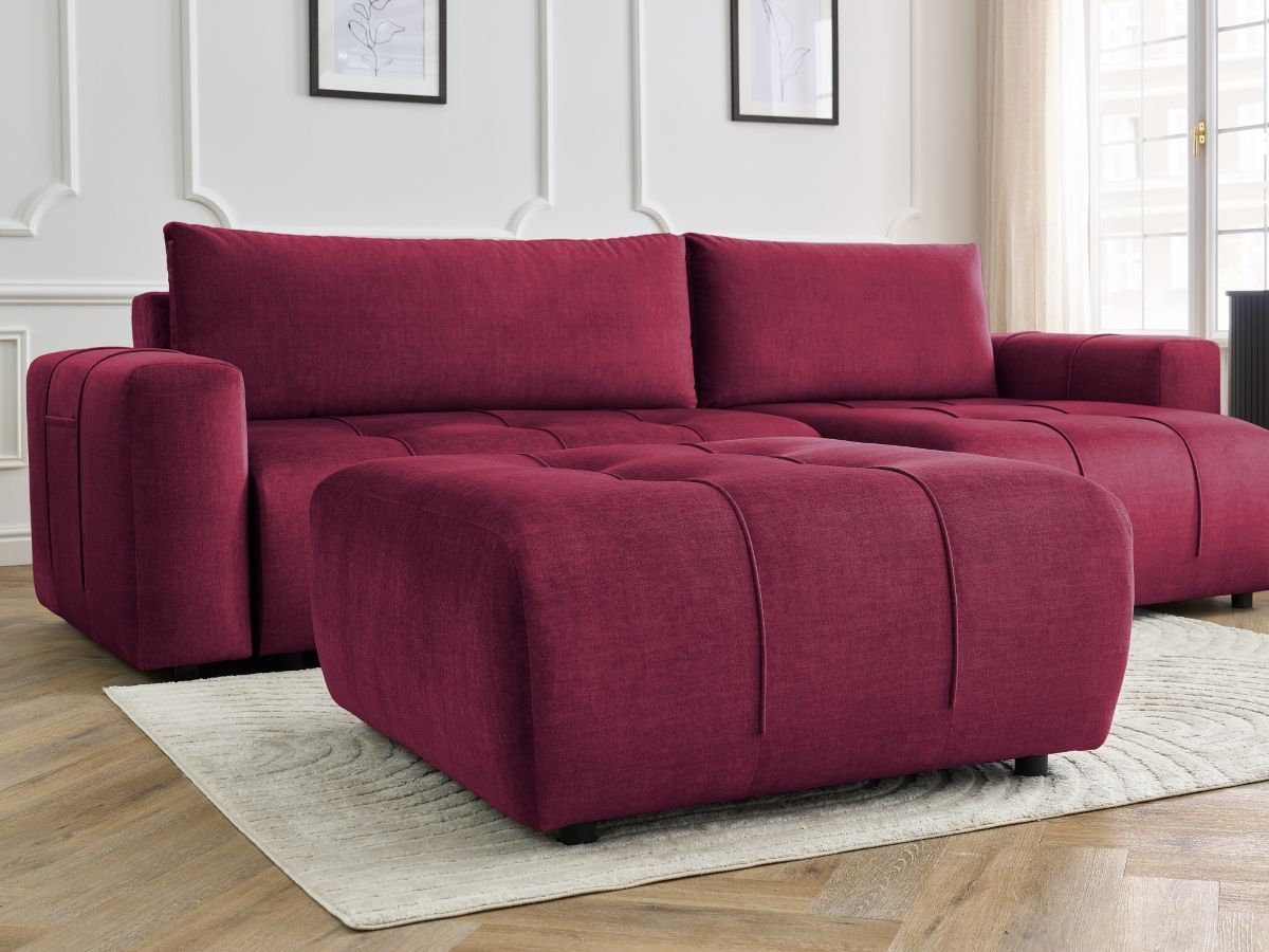Canapé d'angle réversible convertible coffre ARSENE tissu velours avec pouf