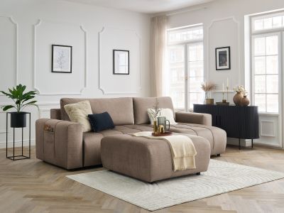 Canapé d'angle réversible convertible coffre ARSENE tissu velours avec pouf