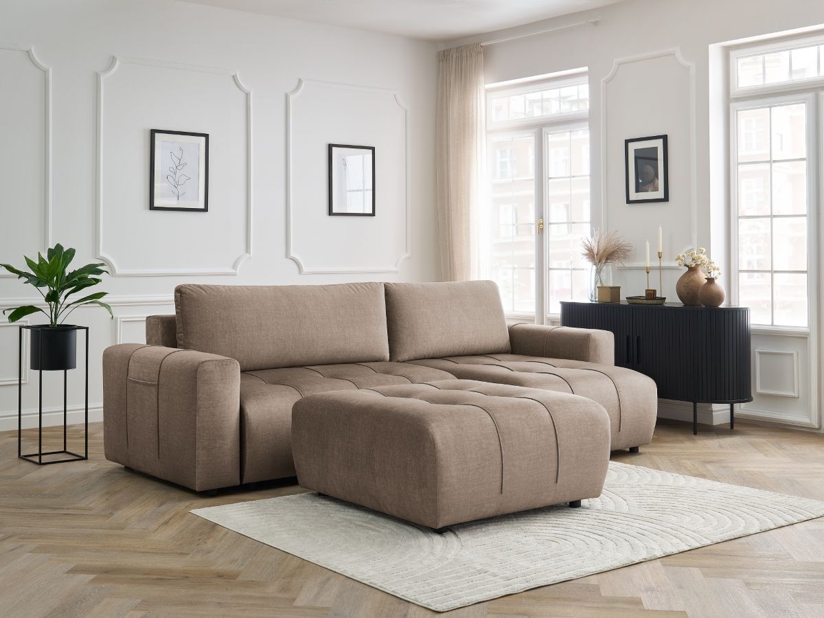 Canapé d'angle réversible convertible coffre ARSENE tissu velours avec pouf taupe   BOBOCHIC 4 places - Vue supplémentaire 3