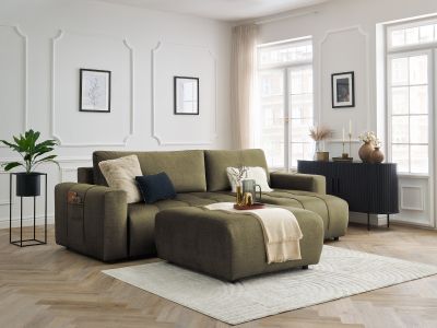 Canapé d'angle réversible convertible coffre ARSENE tissu velours avec pouf