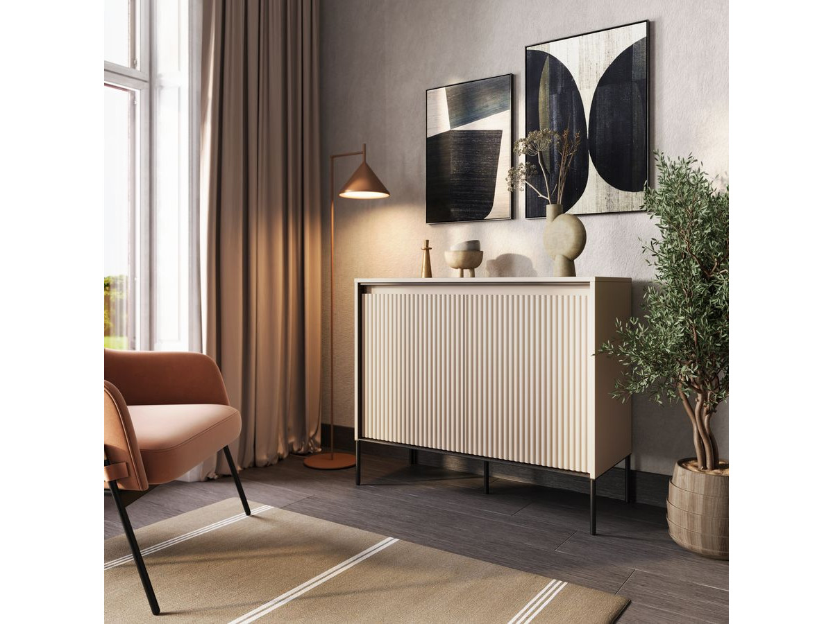 Buffet 2 portes 100 cm LENARA avec tasseaux et LED beige — vue 6