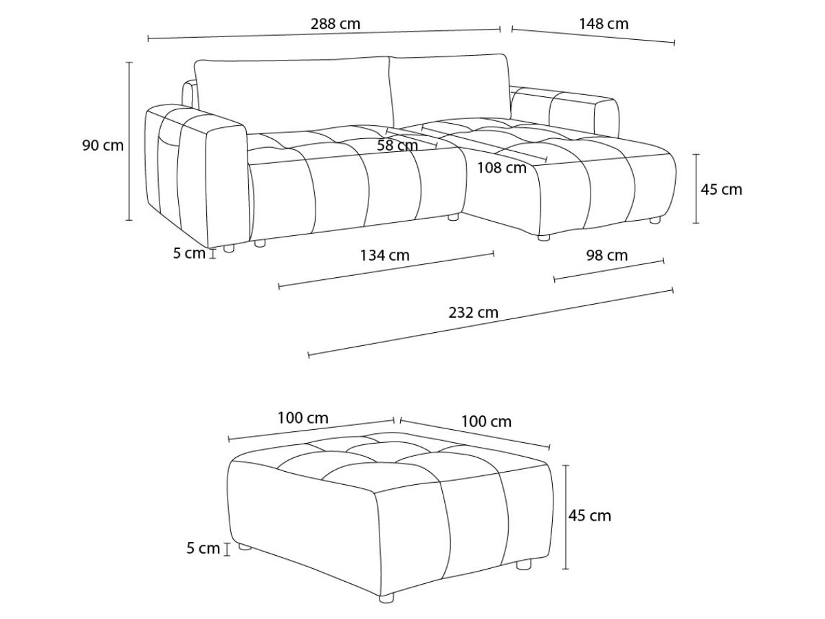 Canapé d'angle réversible convertible coffre ARSENE tissu velours avec pouf