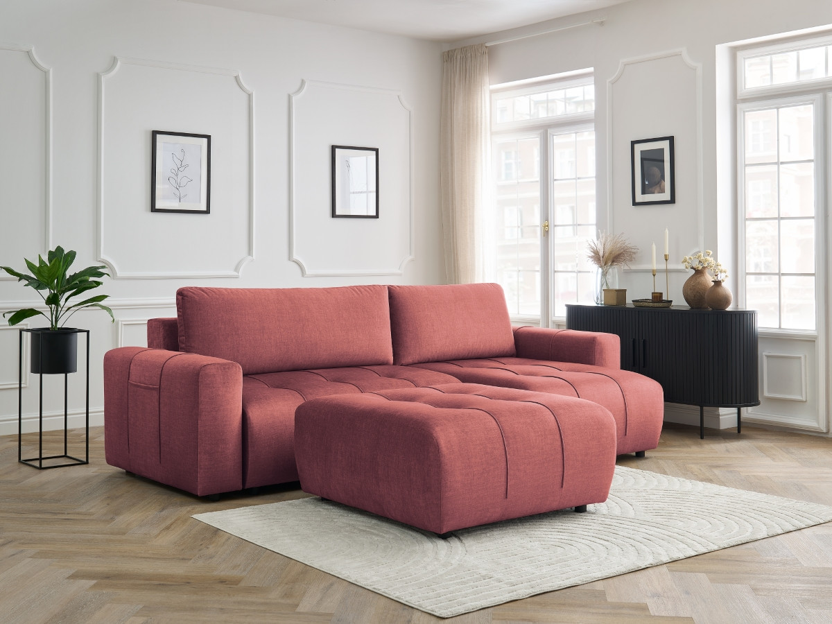 Canapé d'angle réversible convertible coffre ARSENE velours avec pouf orange — vue 5