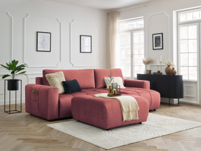 Canapé d'angle réversible convertible coffre ARSENE tissu velours avec pouf