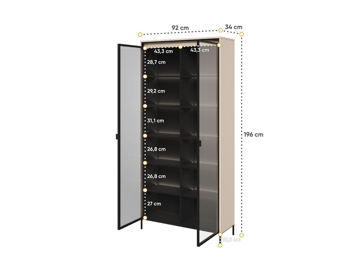 Meuble vitrine H.196 cm 2 portes vitrées LENARA avec LED beige — vue 5
