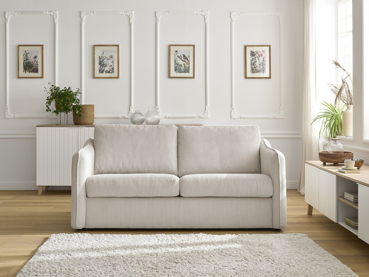 Canapé droit convertible LENNY 2 plis velours côtelé beige — vue 5