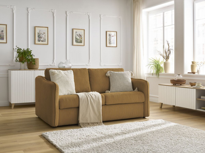 Canapé droit convertible LENNY ouverture express velours côtelé