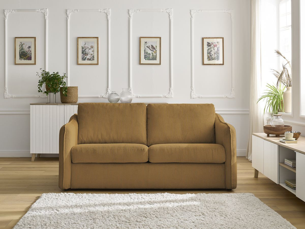 Canapé droit convertible LENNY 2 plis velours côtelé jaune — vue 5