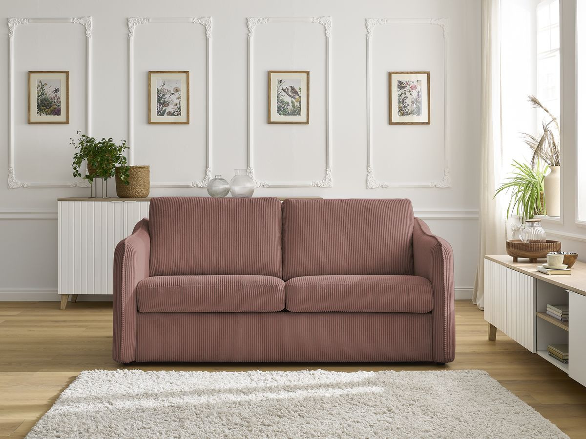 Canapé droit convertible LENNY 2 plis velours côtelé rose — vue 5