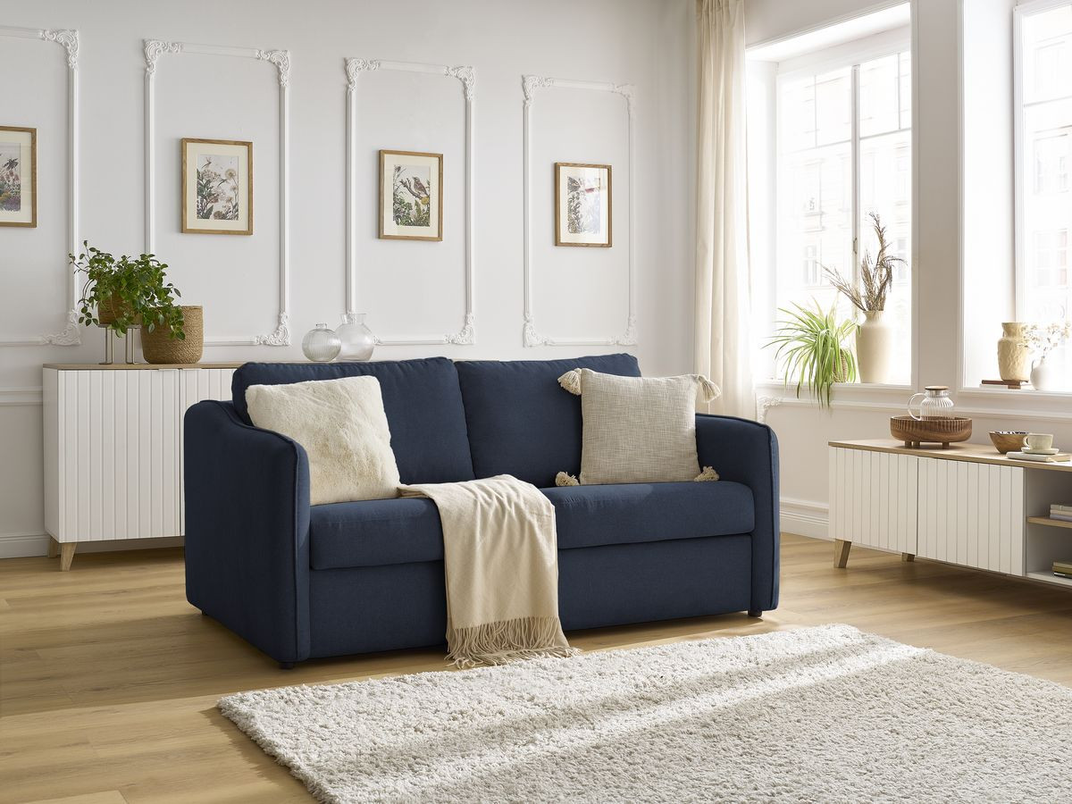 Canapé droit convertible LENNY ouverture express 2 plis tissu lisse