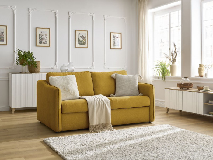 Canapé droit convertible LENNY ouverture express tissu lisse