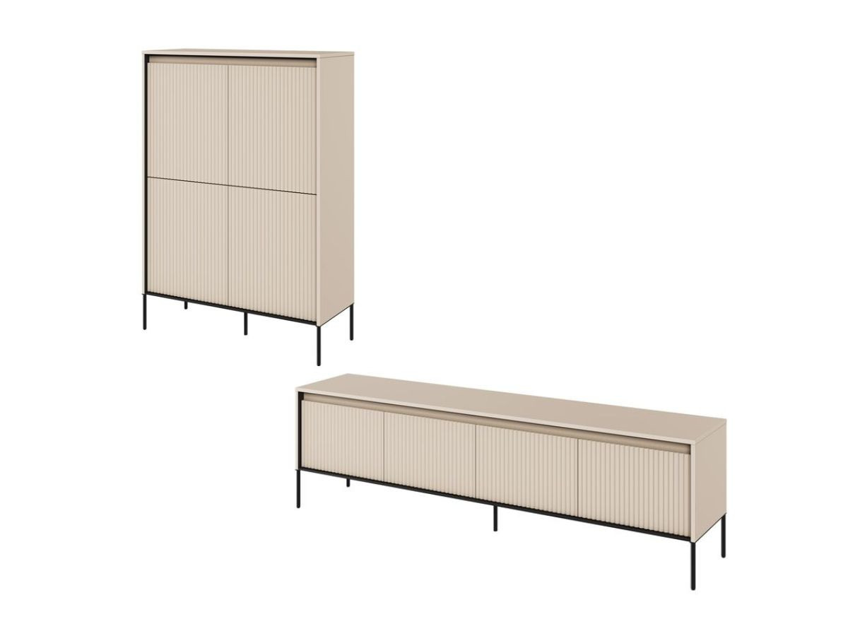 Ensemble LENARA avec buffet haut 100 cm + meuble TV 193 cm avec tasseaux et LED beige