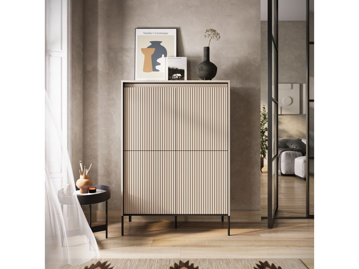 Ensemble LENARA avec buffet haut 100 cm + meuble TV 193 cm avec tasseaux et LED beige — vue 4