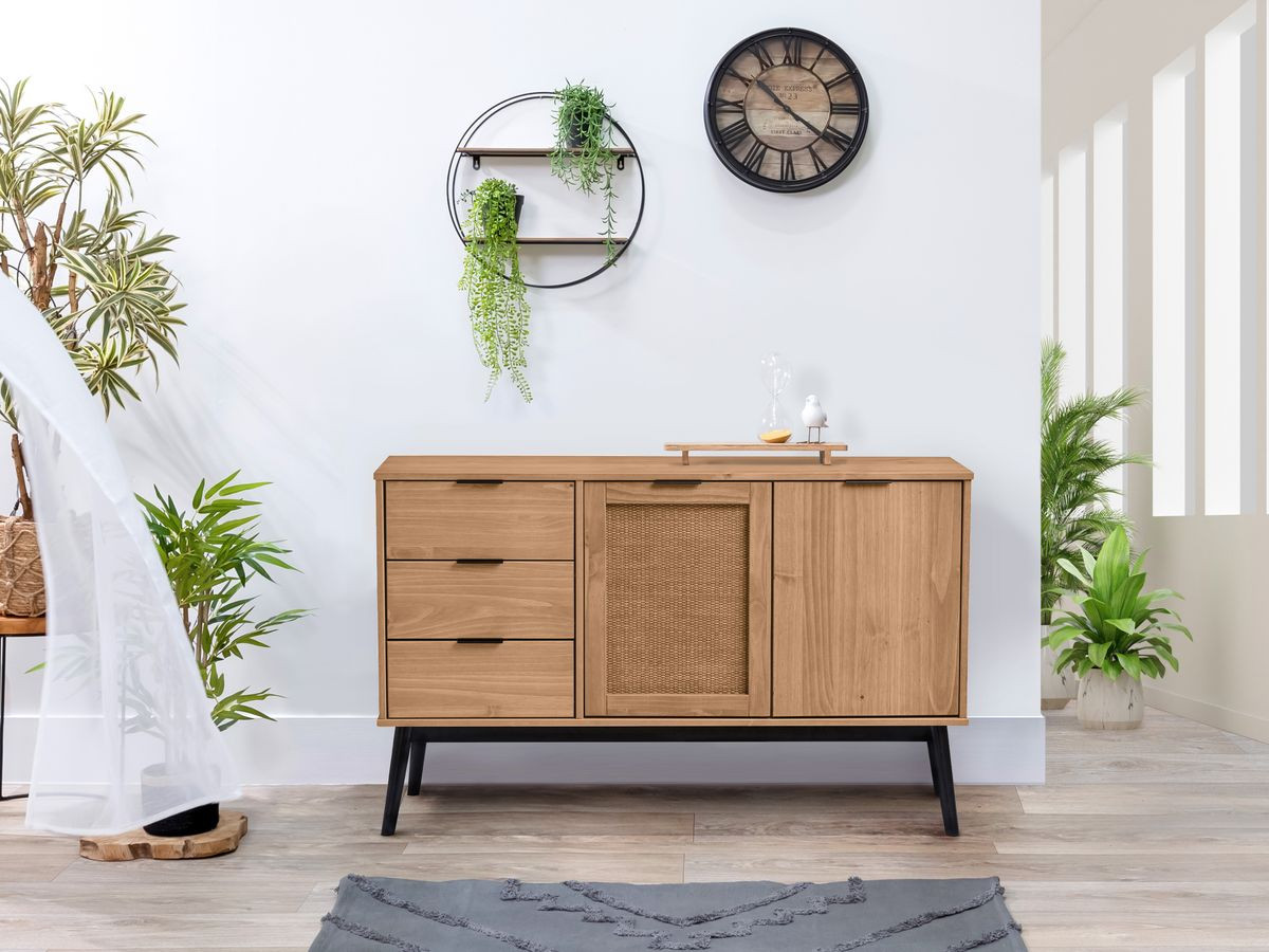 ALBI set met 130 cm dressoir + 140 cm tv-meubel in massief hout en rotan