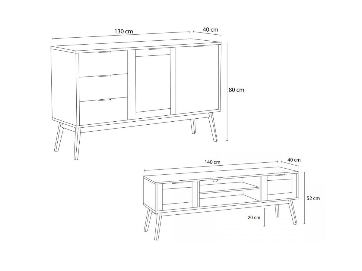 ALBI set met 130 cm dressoir + 140 cm tv-meubel in massief hout en rotan