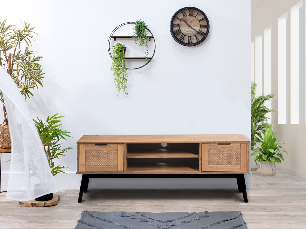 ALBI set met 130 cm dressoir + 140 cm tv-meubel in massief hout en rotan