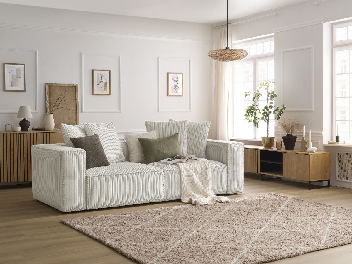 Canapé droit 3 places NINA velours côtelé gris clair