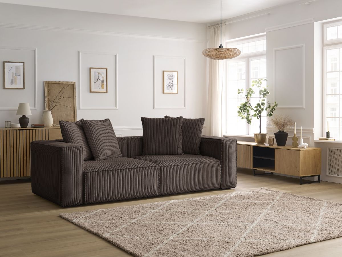 Canapé droit 3 places NINA velours côtelé marron — vue 4